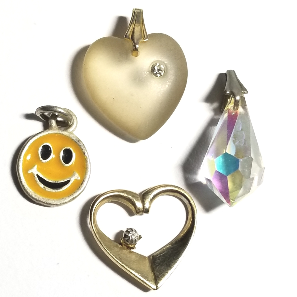 4 vintage charms / pendants smiley face AB crystal hearts